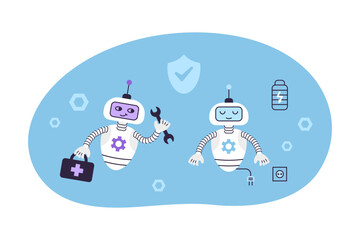 Cute android robot repairing another robot. Concept of digital security and technical support. Isolated vector illustration.