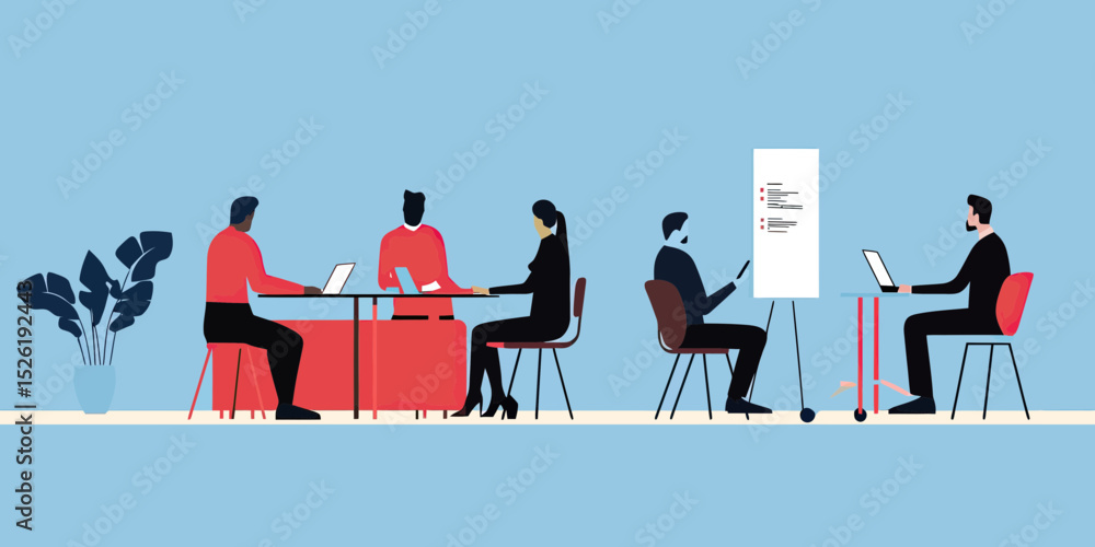 Poster flat vector illustration of diverse business team engaged in project collaboration meeting with lapt