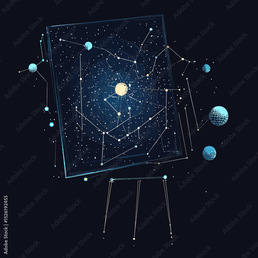 Poster abstract cosmic star map and constellation diagram on easel with planets and stars in minimalist vec