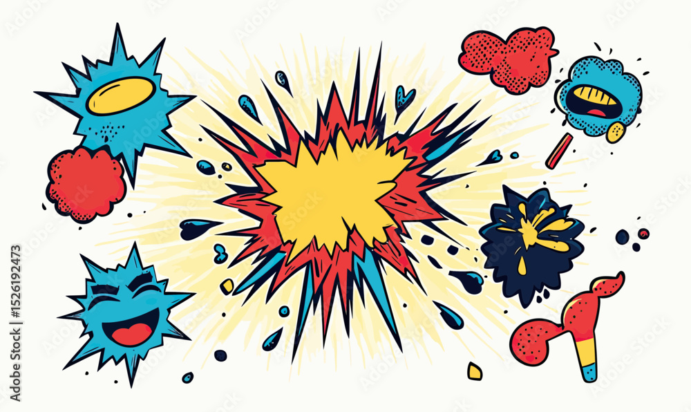 Poster colorful comic style explosion and burst bubbles with expressive faces and retro halftone dots in fl