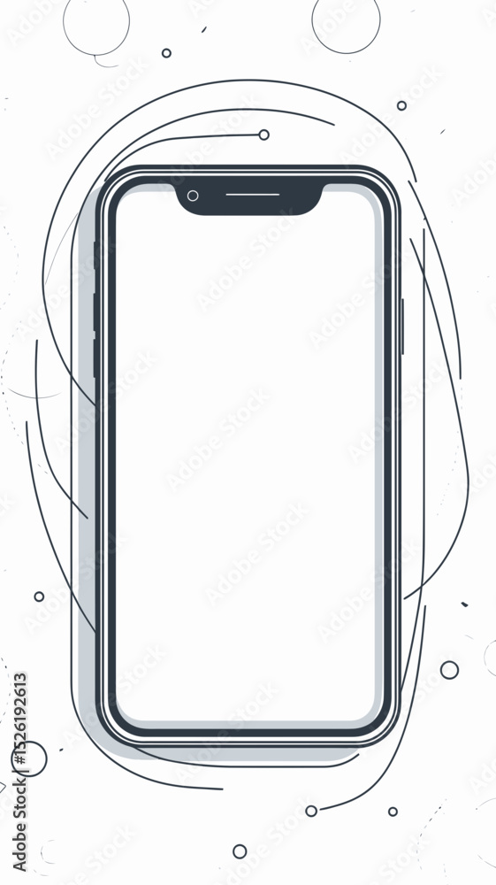 Poster minimalist black and white vector outline of modern smartphone with blank screen and decorative circ