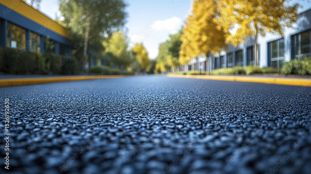 Poster serene view of empty asphalt road lined with trees in modern city setting