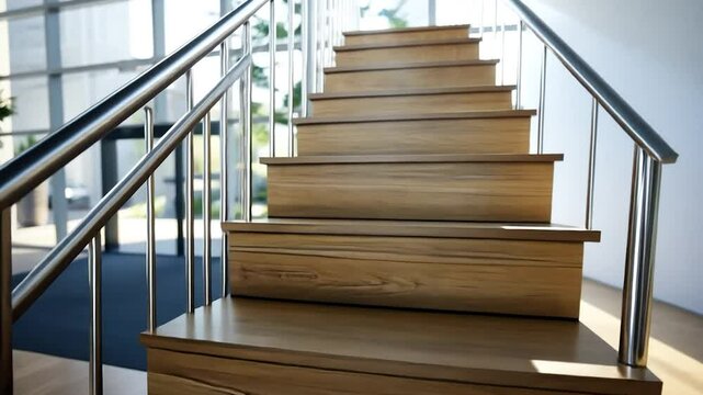 Wooden interior staircase with stainless steel handrail architecture and design