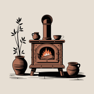 brown stove with fire and pottery clip art preview