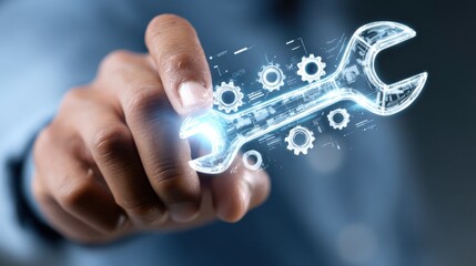 Mechanic hand rotating floating wrench infographic with engine parts