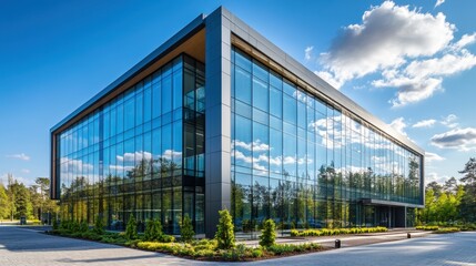 Modern glass office building reflects sky and trees outside. Great visual for corporate, tech, or environmental themes.