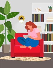 Woman with tablet sitting in red chair in interior with bookcase and plant
