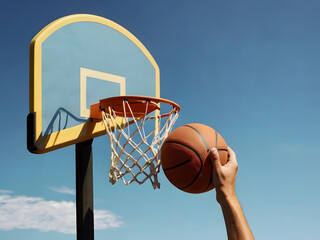basketball hoop and ball in the park on blue sky background