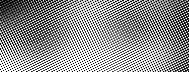 Halftone dotted gradient. Black pixel speckle wave background. Noise effect comic pattern. Retro grain dust overlay. Dot grid collage banner. Grungy faded dirt dust vintage design. Rough texture bg © babayuka