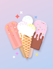 Bright ice creams on a gradient background