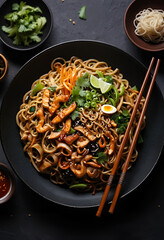 Delicious Asian Noodle Dish On Dark Plate