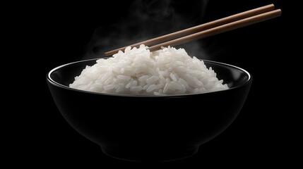Steaming white rice is in a black bowl with chopsticks on a black backdrop. Perfect food shot for a meal concept, menu, or recipe project.