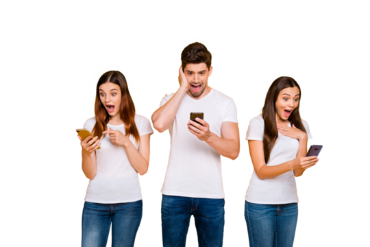 Portrait of three nice-looking attractive lovely charming cheerful cheery stunned wondered person using wi-fi connection speed 5g app isolated over bright vivid shine yellow background