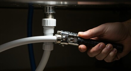 Close-up of a hand using a wrench to tighten a white plastic pipe fitting. Plumbing repair and maintenance work under a sink. Home improvement DIY project.