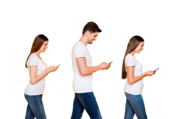 Profile side view portrait of three nice attractive lovely charming cheerful cheery person using 5g app browsing web site chatting isolated over bright vivid shine yellow background