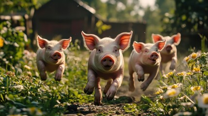 Four cute piglets run joyfully through a field of green plants. Show happiness, agriculture, or a rural lifestyle in your designs.