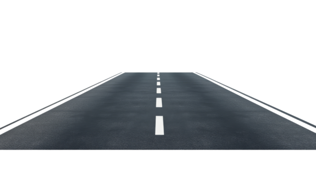 Straight asphalt road leading into distance with transparent background