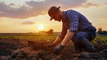 Male farmer cultivating soil at sunset, showcasing dedication to agriculture.
