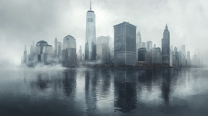 Fototapeta premium foggy day in city with skyscrapers reflecting on water creates mysterious atmosphere