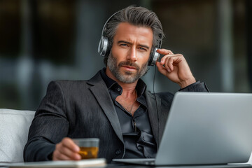 Elegant businessman in a dark business suit conducts negotiations online on a laptop. Remote work, meetings and online business concept. Lifestyle portrait for poster, visual, design