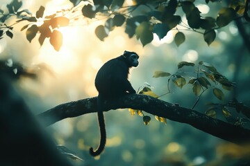 A monkey sits on a tree branch in a bright, lush tropical forest. Use for conservation, nature documentaries, or educational materials.