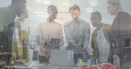 Image of hand icon over diverse businesspeople in office and cityscape
