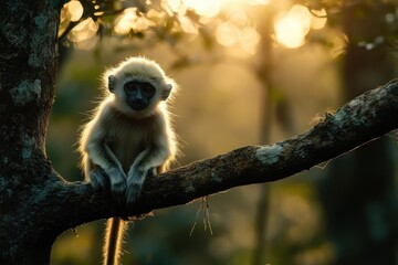 Obraz premium A cute baby monkey sits on a tree branch in golden morning light. Use this image for nature blogs, children's books, or conservation themes.