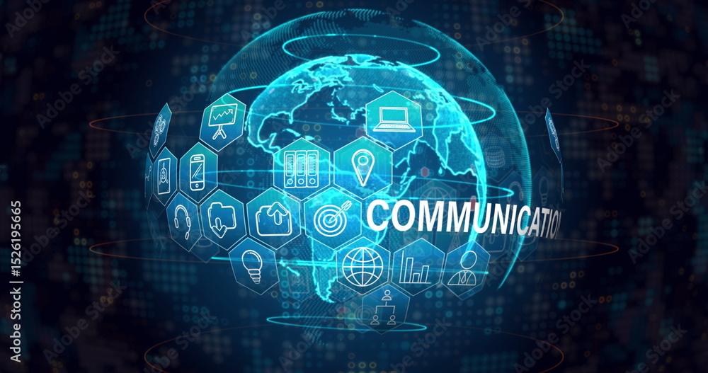 Poster image of communication text with icons over globe on black background
