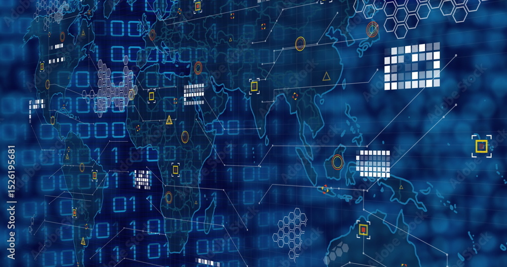 Poster image of network of connections with icons over data processing