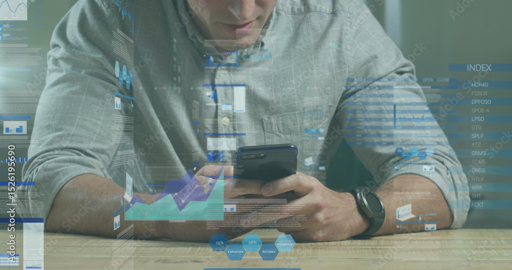 Poster image of data processing over caucasian using smartphone