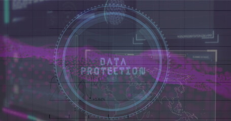 Image of data protection, fingerprint and icons on navy background