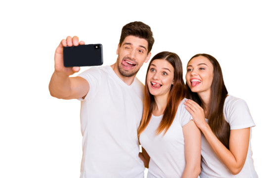 Portrait of three nice attractive lovely charming cheerful cheery playful comic childish person taking making selfie having fun fooling isolated over bright vivid shine yellow background
