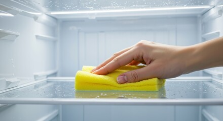 Woman's Hand Meticulously Cleans an Empty Refrigerator Shelf with a Yellow Sponge. Focus on Household Chores, Kitchen Hygiene, and Appliance Maintenance.