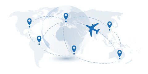 Traveling Around the World - Air Transportation Concept, Travel by Airplane - World Map Design with Planes Flying Intercontinental Routes to Various Destinations - Vector Template on White Background