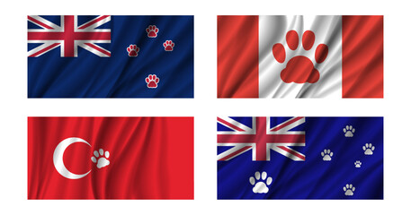 Vector set of fictional wavy flags of New Zealand, Canada, Turkey and Australia, with cat paws instead of stars and leaf. Cats rule world. Prints of puss