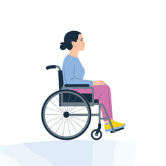 Fototapeta premium Young woman sitting calmly in a wheelchair, flat style illustration promoting disability inclusion and accessibility 