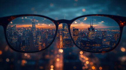 Night city skyline is viewed sharply through eyeglasses lenses. Show improved vision, perspective, or a clearer understanding.