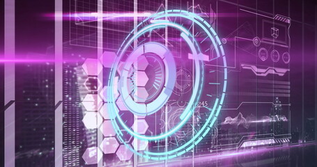 Image of processing circle over digital screen with diverse data