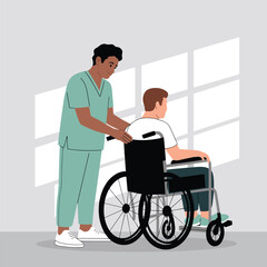 Cartoon nurse providing care to young man in wheelchair, concept of medical support and rehabilitation
