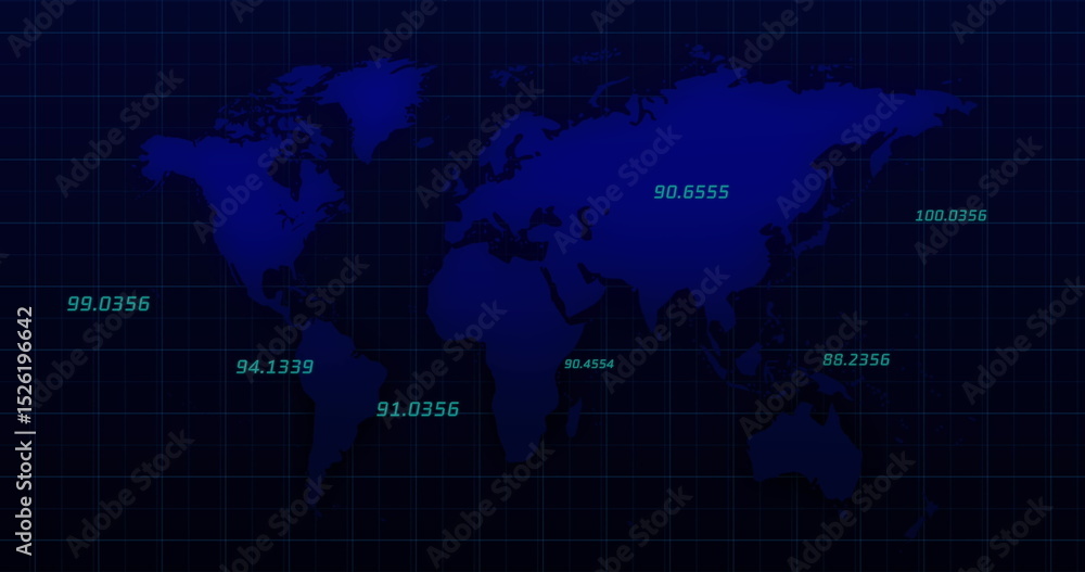Poster image of numbers floating over blue world map against grid pattern