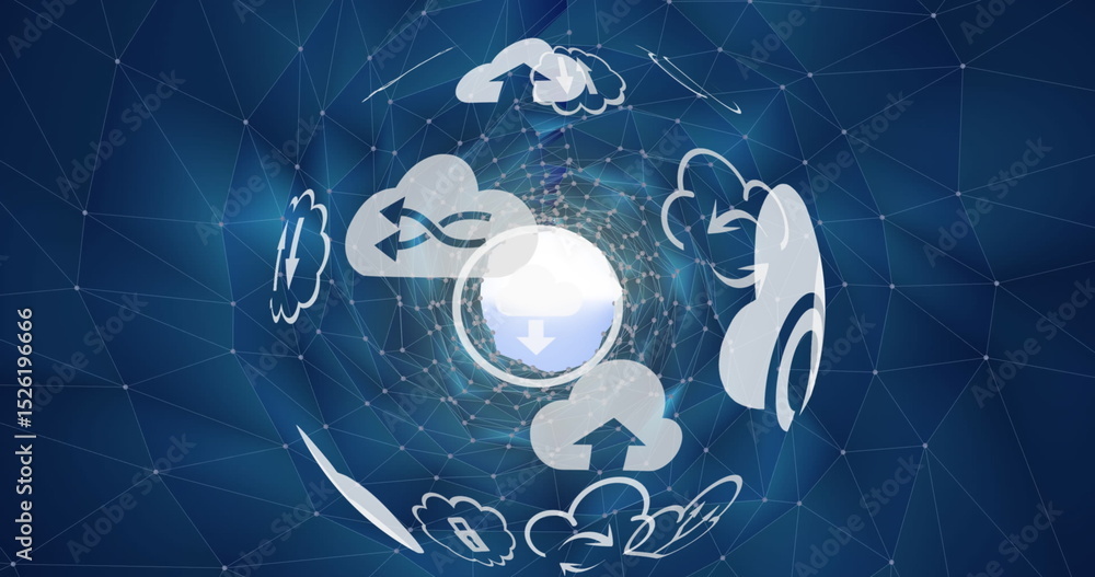 Poster image of globe with clouds and tech icons over digital space with connections