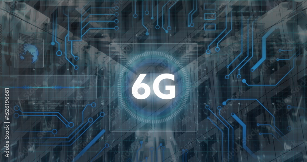 Poster hovering glowing 6g symbol inside luminescent ring in server aisle, with circuit nodes