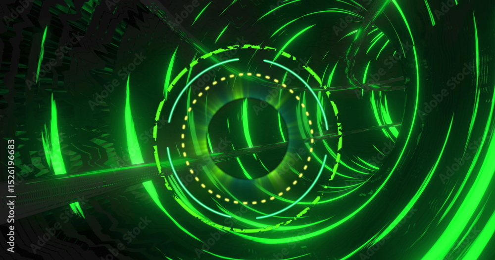 Poster image of processing circle over black screen with tunnel made of green circles