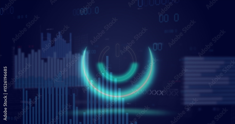 Poster image of neon circle over digital screen with graphs and data
