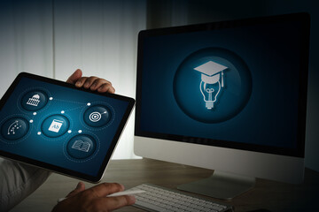 E-learning Platforms image shows person holding tablet with educational icons displayed, front of computer monitor with graduation cap