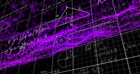 Image of math formulas and purple glitter on black background