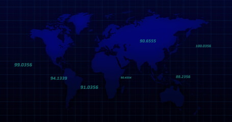 Image of numbers floating over blue world map against grid pattern