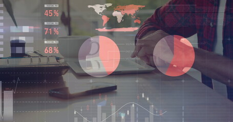 Image of financial data and graphs over hands of caucasian man using laptop
