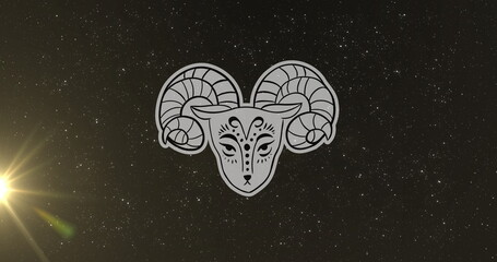Image of sheep of aries zodiac sign over star field sky and illuminated flare