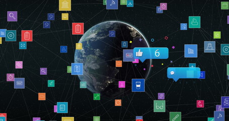 Image of social media notifications processing data and icons over globe in night sky